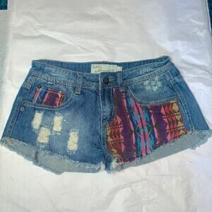 VINTAGE HAVANA Y2K SOUTHWEST FABRIC PATCH DENIM CUTOFF DAISY DUKE SHORTS  S